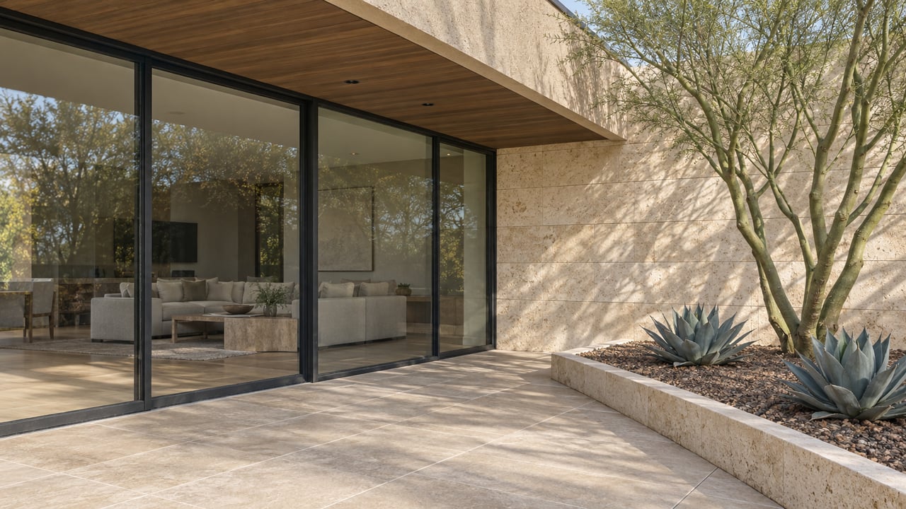 Modern home patio with expansive sliding glass doors, a wood soffit, and desert landscaping.