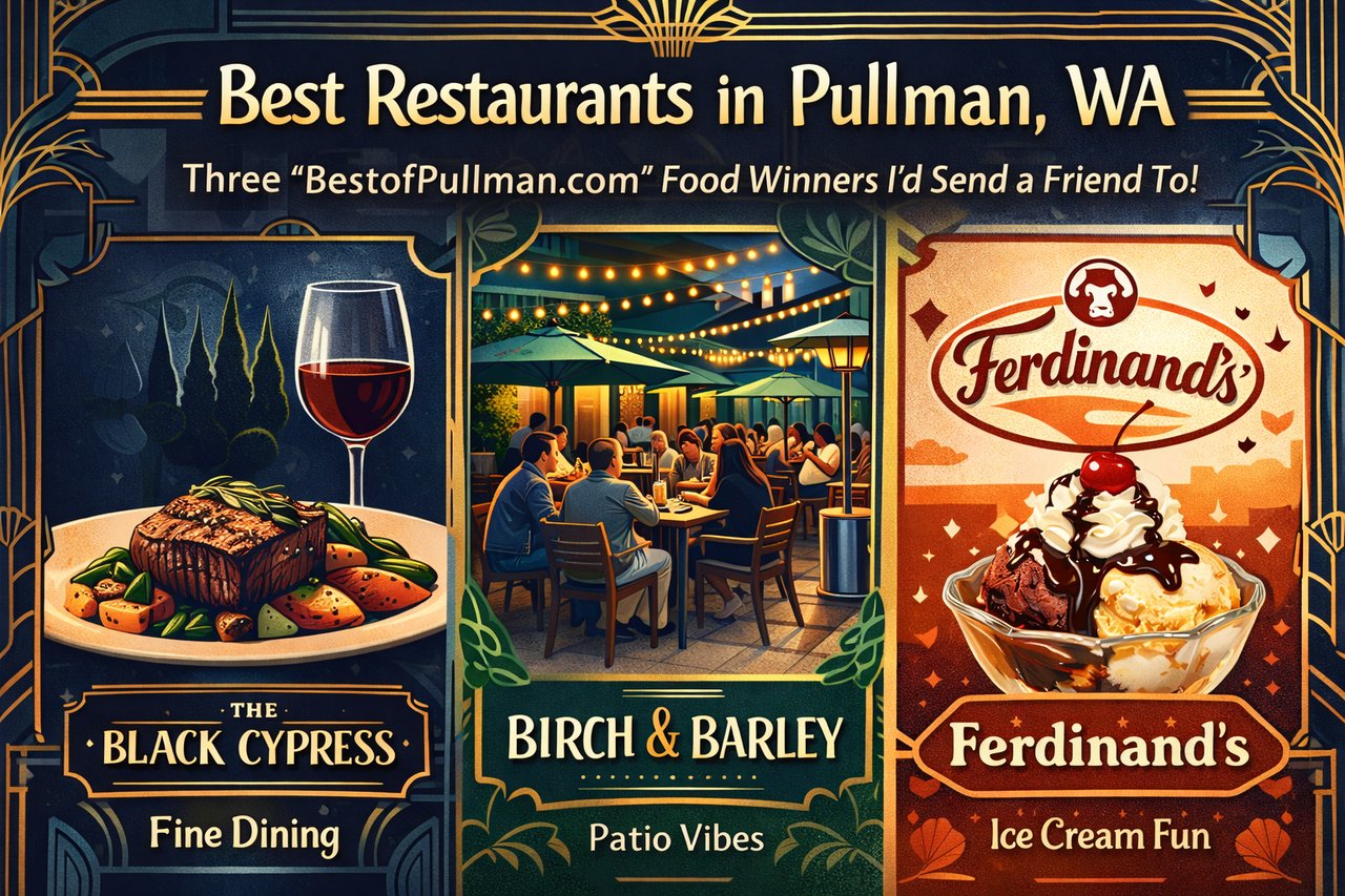 Best Restaurants in Pullman, WA featuring three BestofPullman.com food winners: The Black Cypress, Birch and Barley, and Ferdinand’s Ice Cream Shoppe