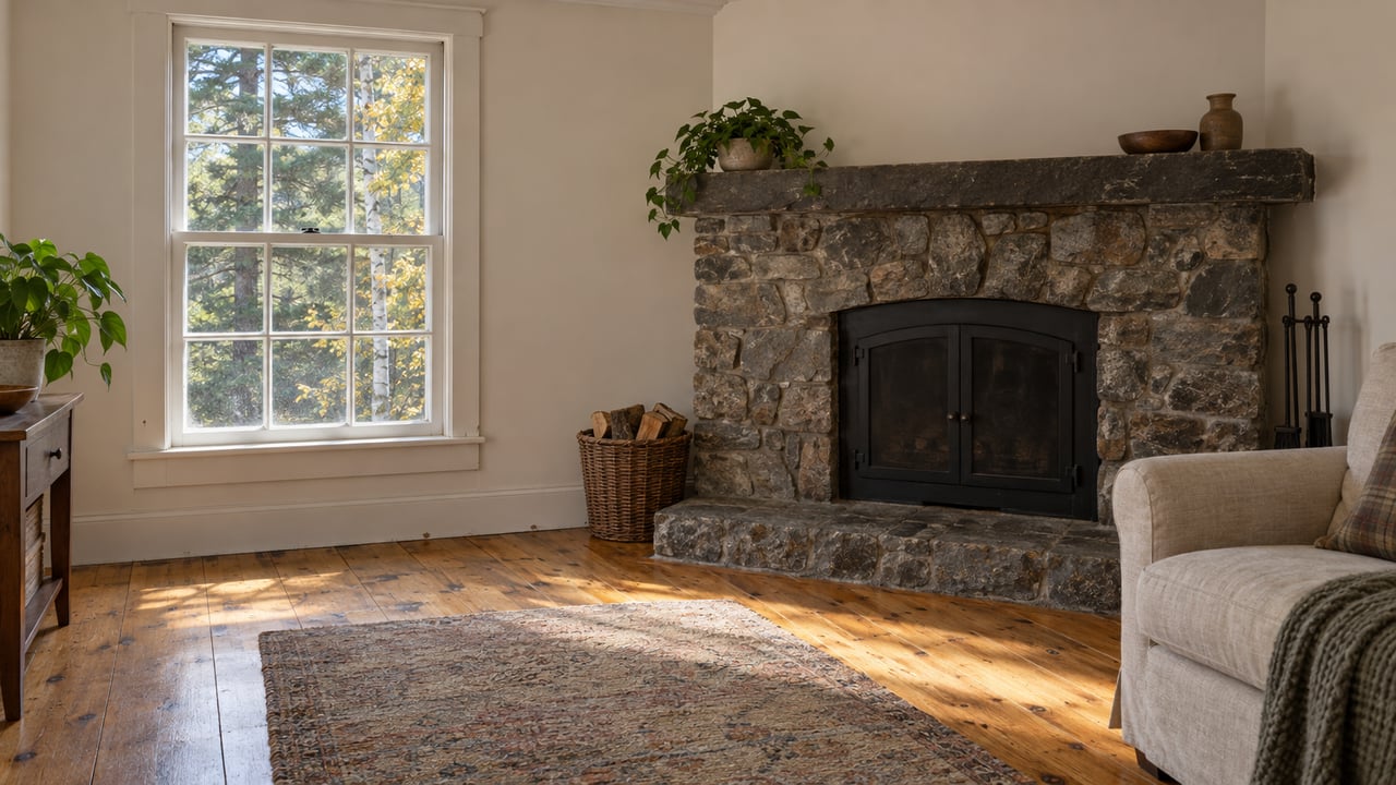 Living room with a white-paned window overlooking pine and yellow birch trees, stone fireplace, and worn wool rug.