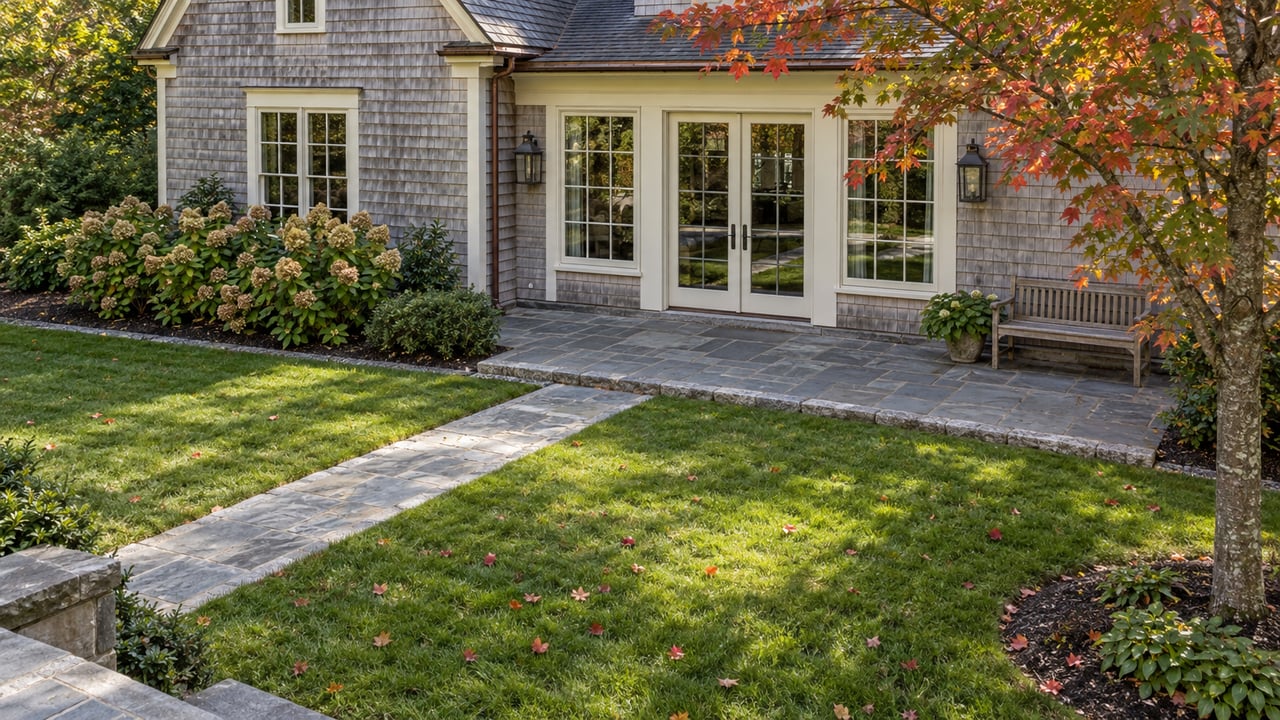 Silvered cedar-shingle home with a glazed garden entrance, weathered stone terrace, autumn maple and broad lawn.