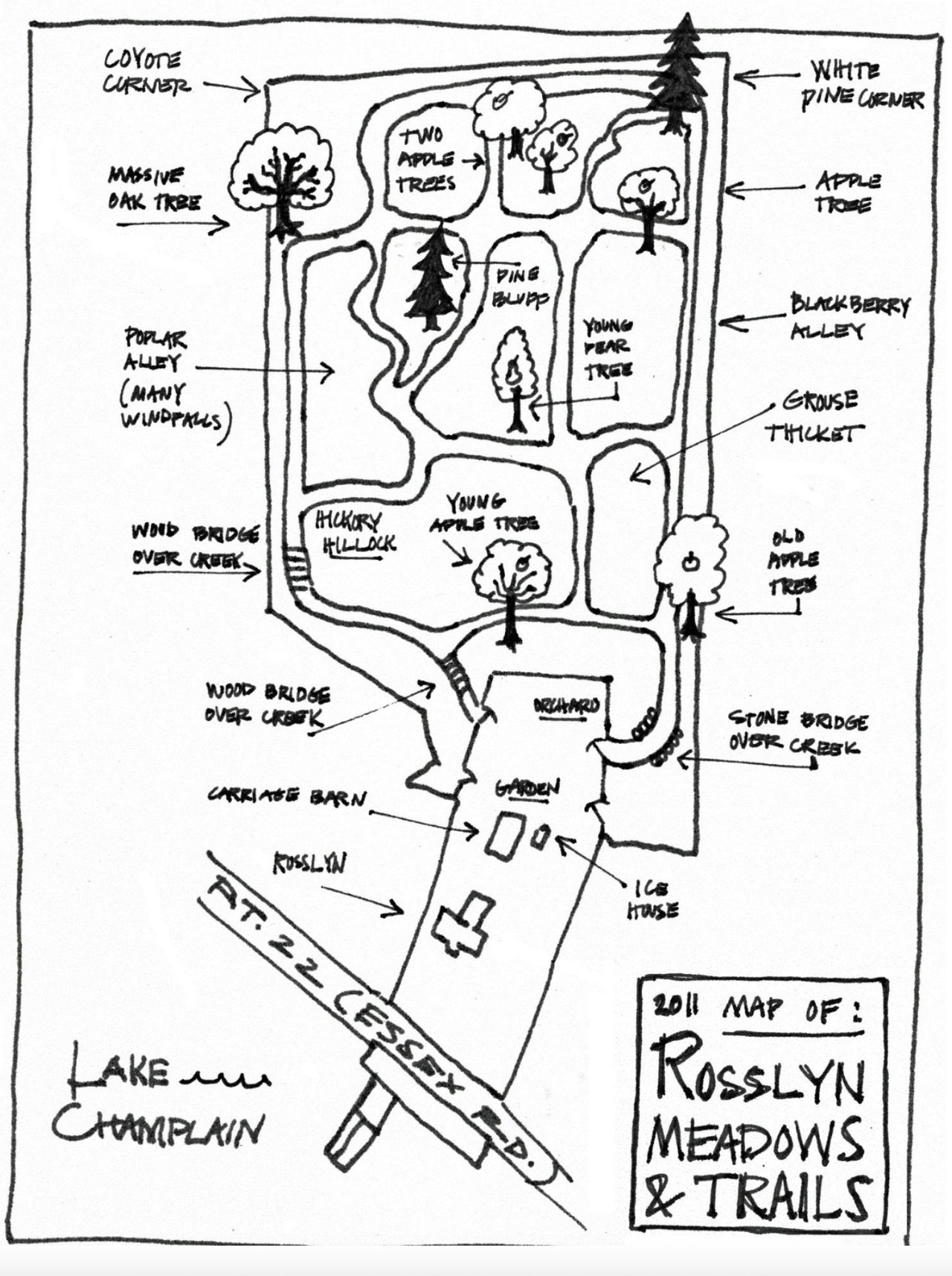 Hand-drawn map of Rosslyn Meadows and trails, labeled with paths, trees, creek bridges, buildings, Lake Champlain, and VT-22.