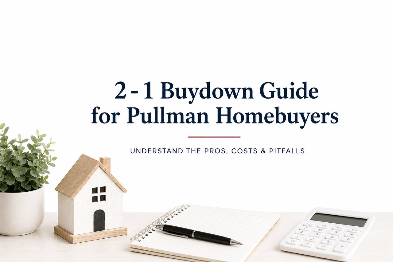 White studio-style illustration featuring a model home, calculator, mortgage worksheet, and house keys representing a 2-1 mortgage buydown for homebuyers in Pullman, WA.