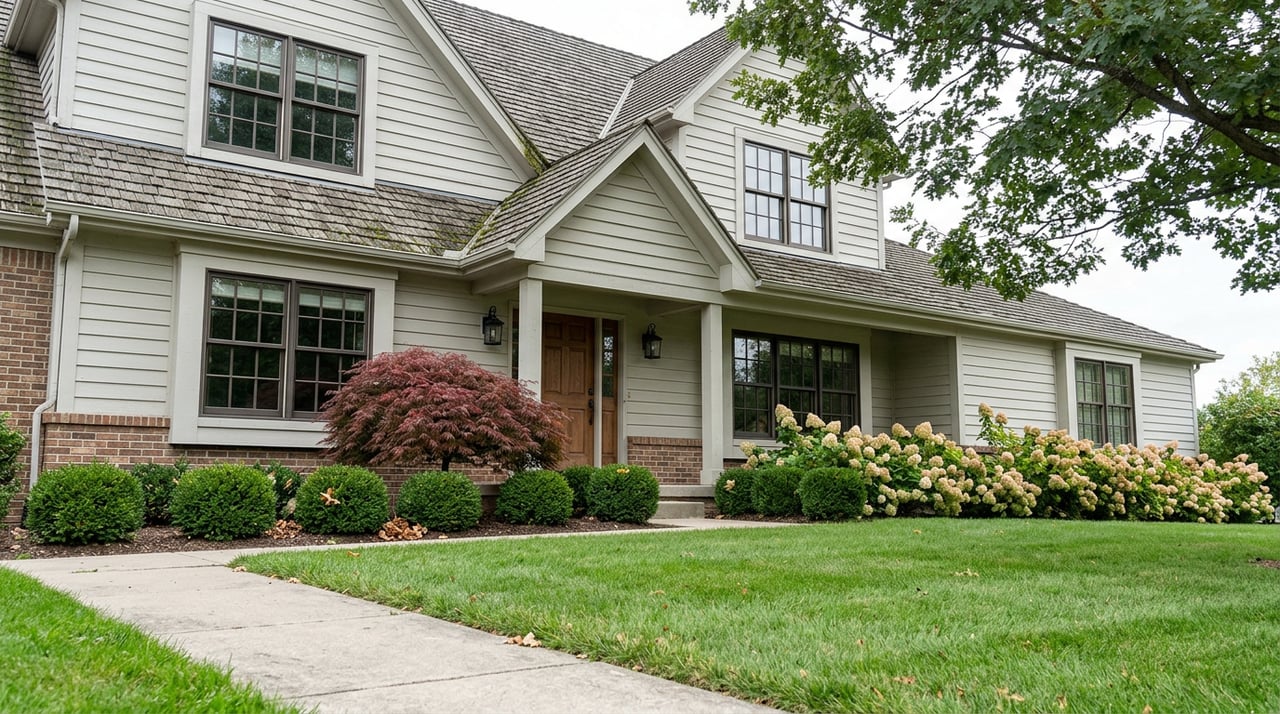 Two-story brick-and-siding home with a gabled entry, red Japanese maple, hydrangeas, and oak branches over the roof.