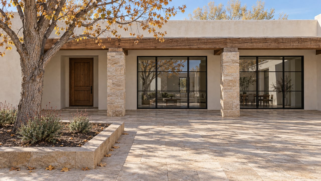 Late-fall courtyard of a single-level stucco home with sandstone columns, timber beams, closed glass doors and an ochre-leaved cottonwood.