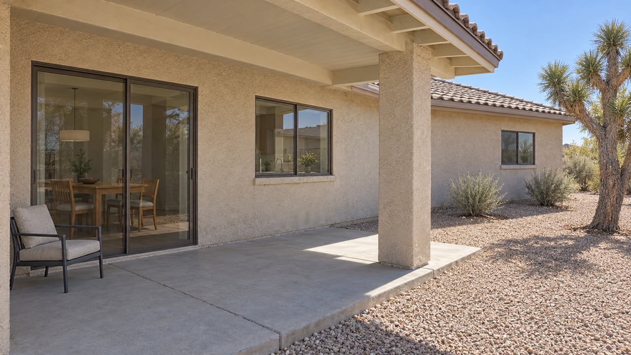 Covered patio beside a sand-colored stucco home, with closed sliding glass doors, a concrete terrace and a spacious gravel yard planted with a Joshua tree and desert shrubs.