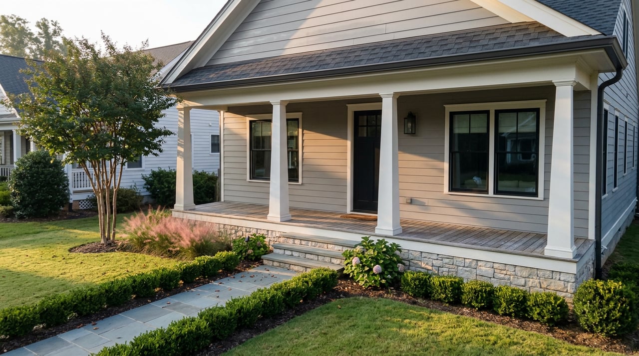 Gray-sided home with stone porch base, white columns, black windows, and boxwood-lined walkway across lawn.