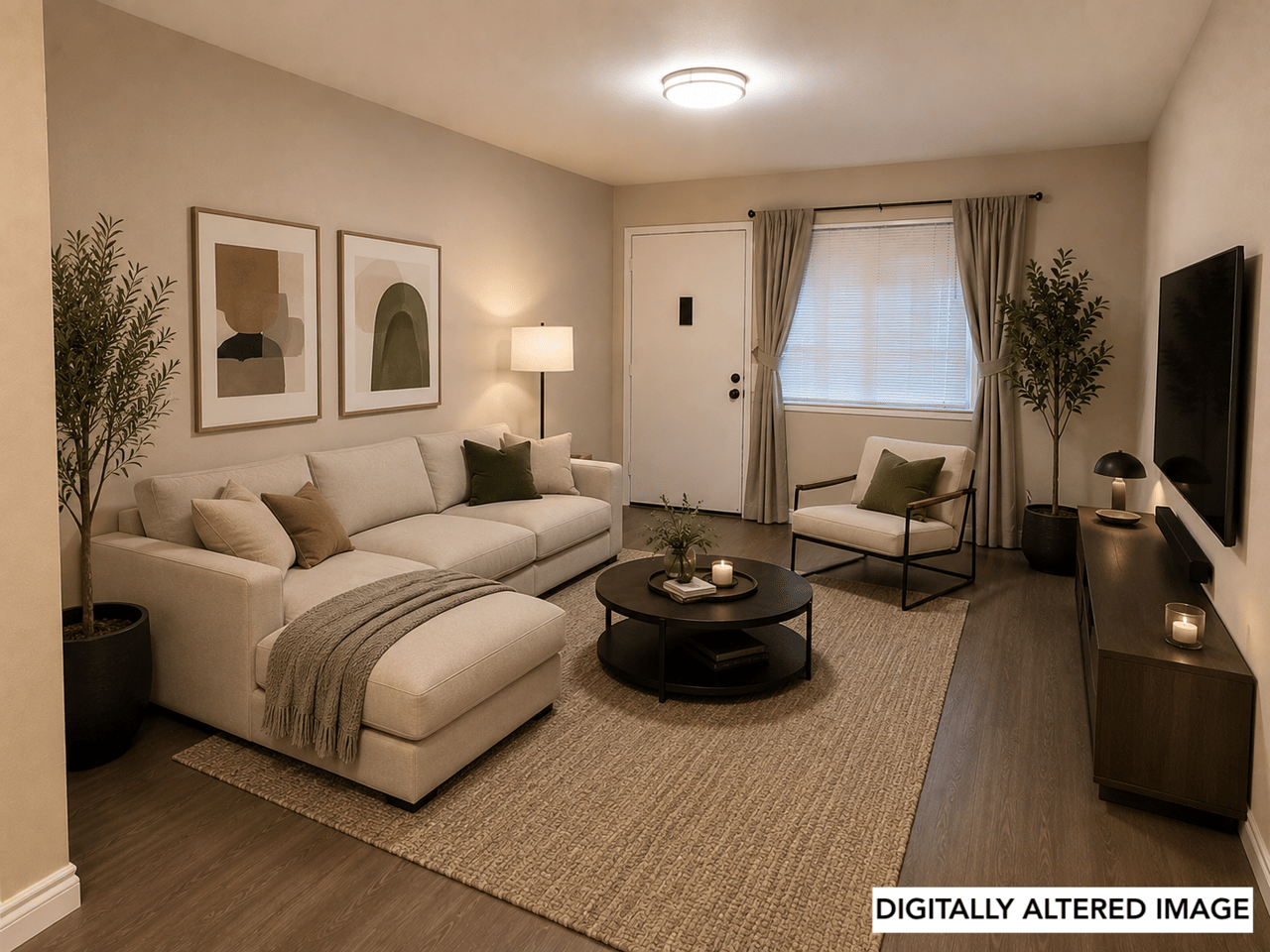 Bright, virtually staged living room with modern furnishings and open layout at 419 Piccadilly Place #3 in San Bruno.