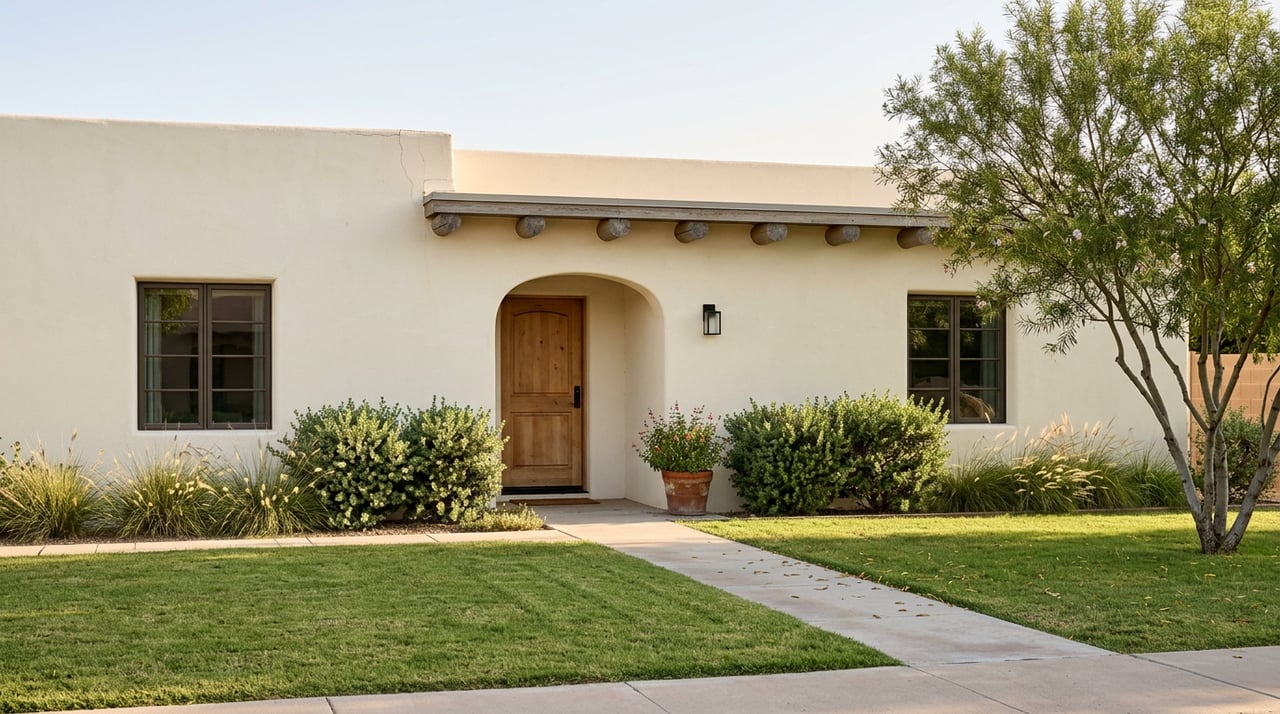 Single-story cream stucco home with an arched entry, timber beams, deep lawn, and desert willow tree.