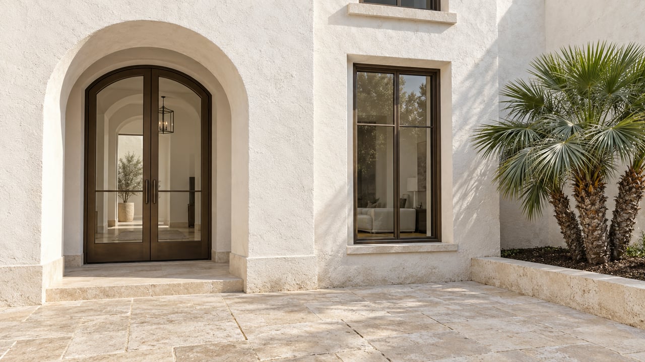 Stucco home entrance with arched glass double doors, stone paving, and palm trees.