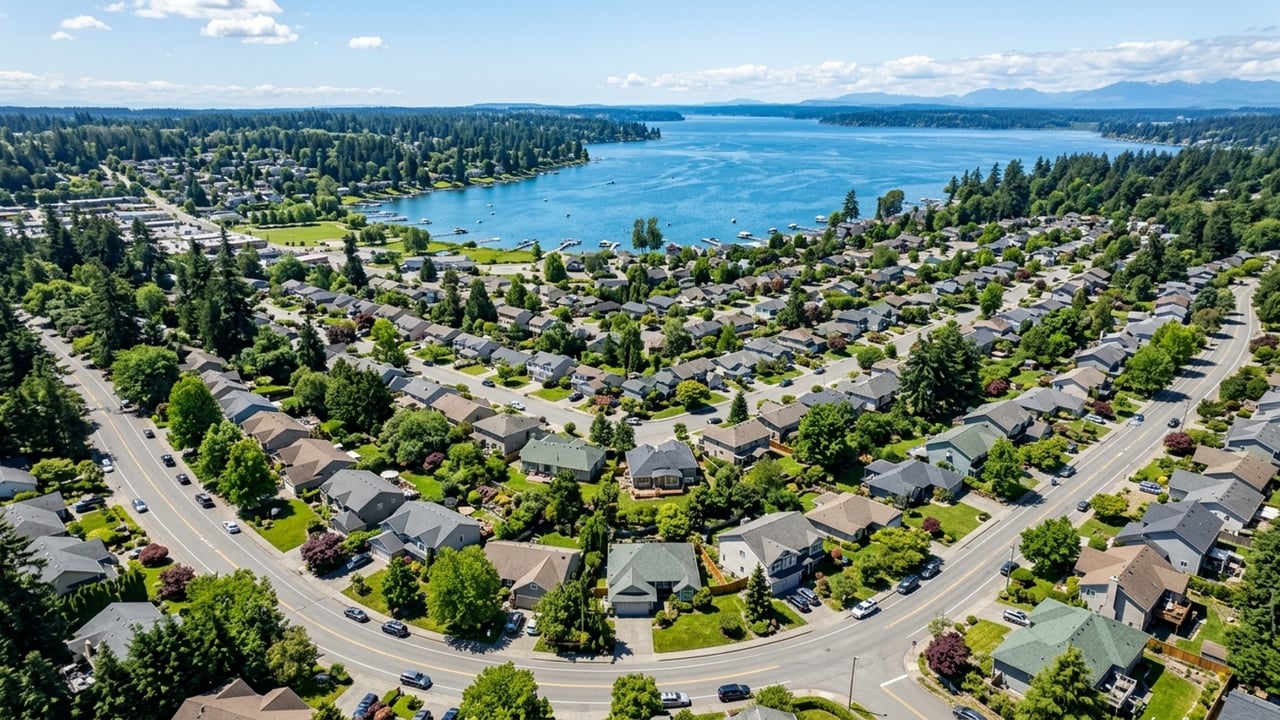 Aerial view of Lake Stevens, with a leafy neighborhood in the foreground and blue water beyond.