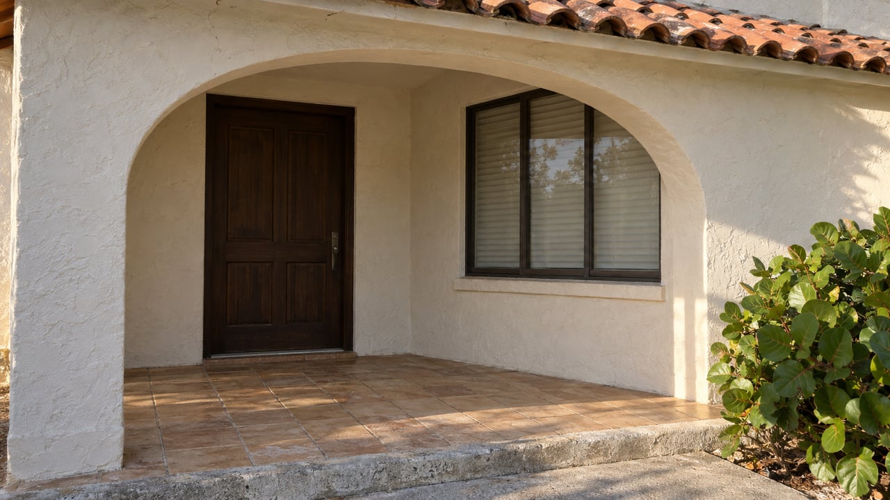 Cream stucco arch frames a dark timber door and glazed window beneath a terracotta-tile eave.