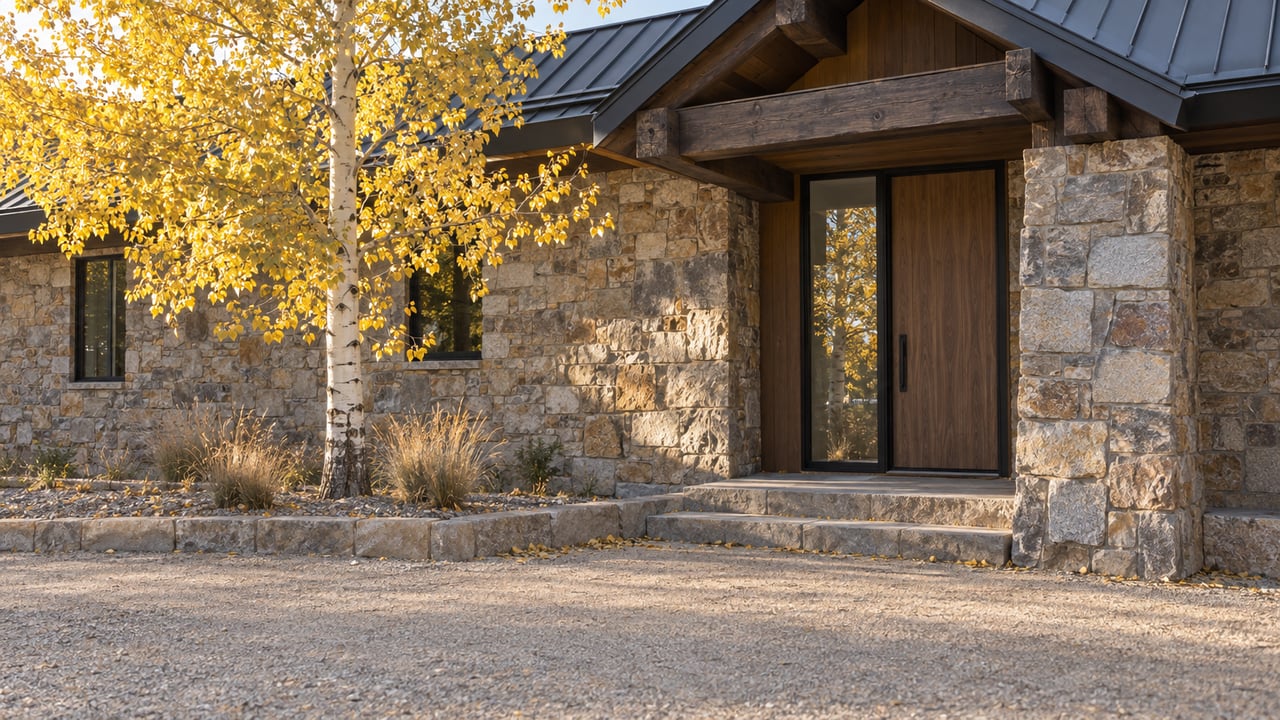 Stone acreage-home entry with a dark gabled roof, closed walnut door, and golden aspen beside the gravel approach.