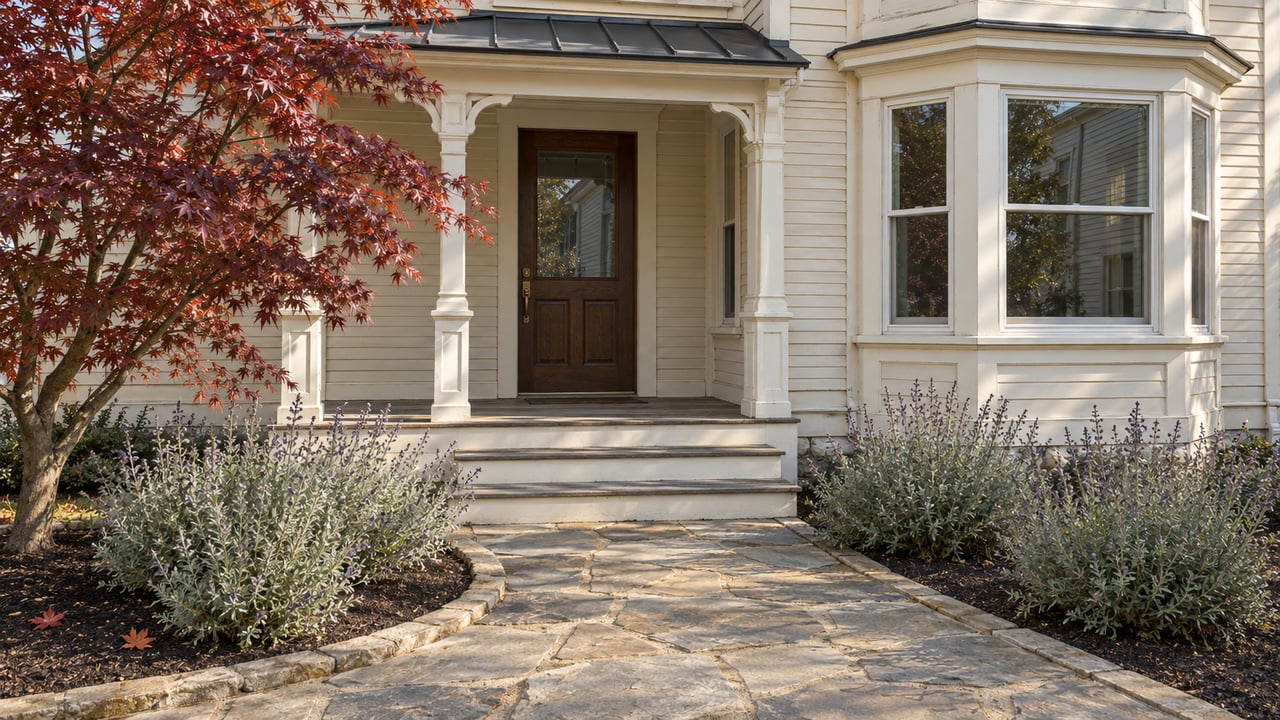 Ivory clapboard home with a recessed oak front door, glazed bay window and sandstone garden approach beside a burgundy Japanese maple.
