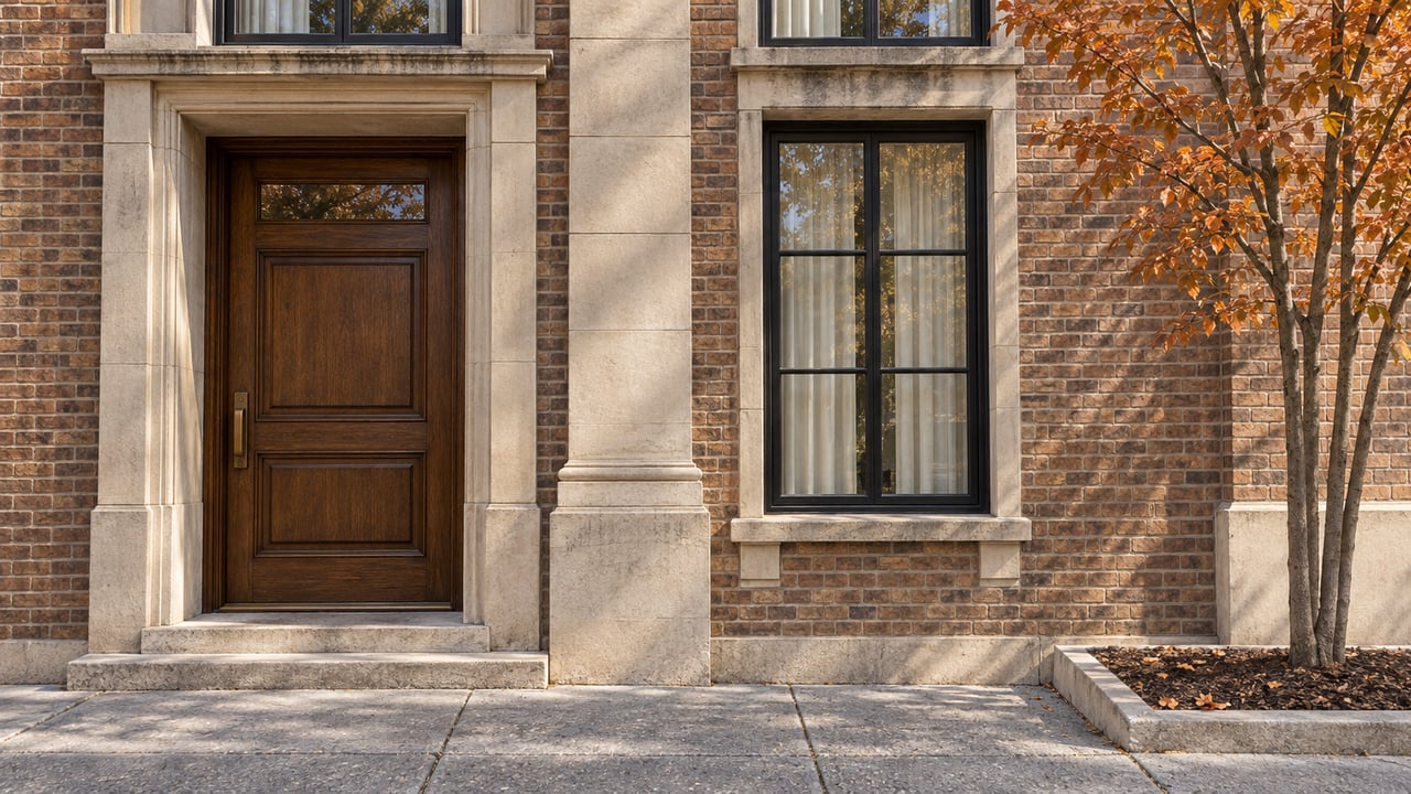 Oak residential entrance recessed in pale limestone and warm brick beside tall black-framed windows and a copper-leaved serviceberry.
