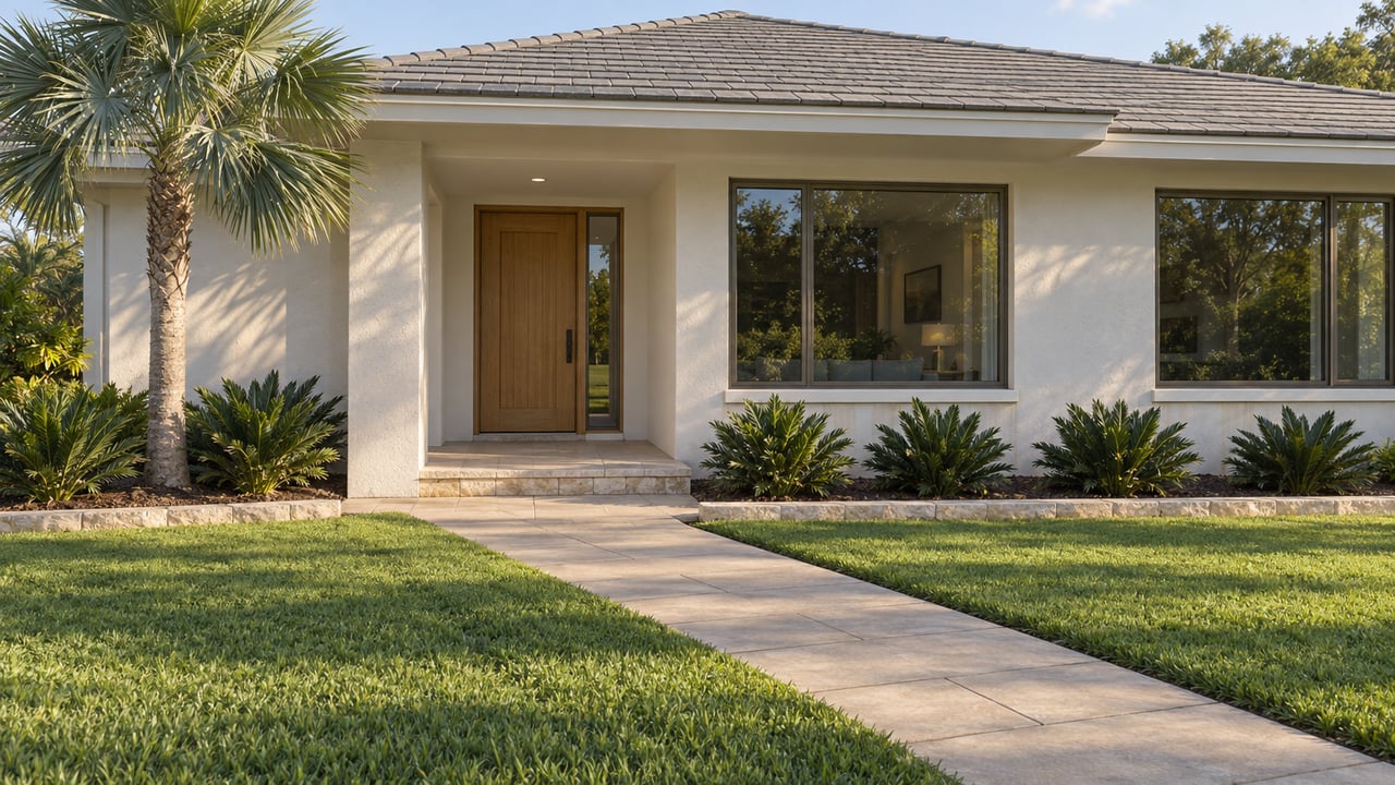 Sunlit single-story stucco home with a recessed oak entry, broad front lawn, pale paver walk and silver palm.