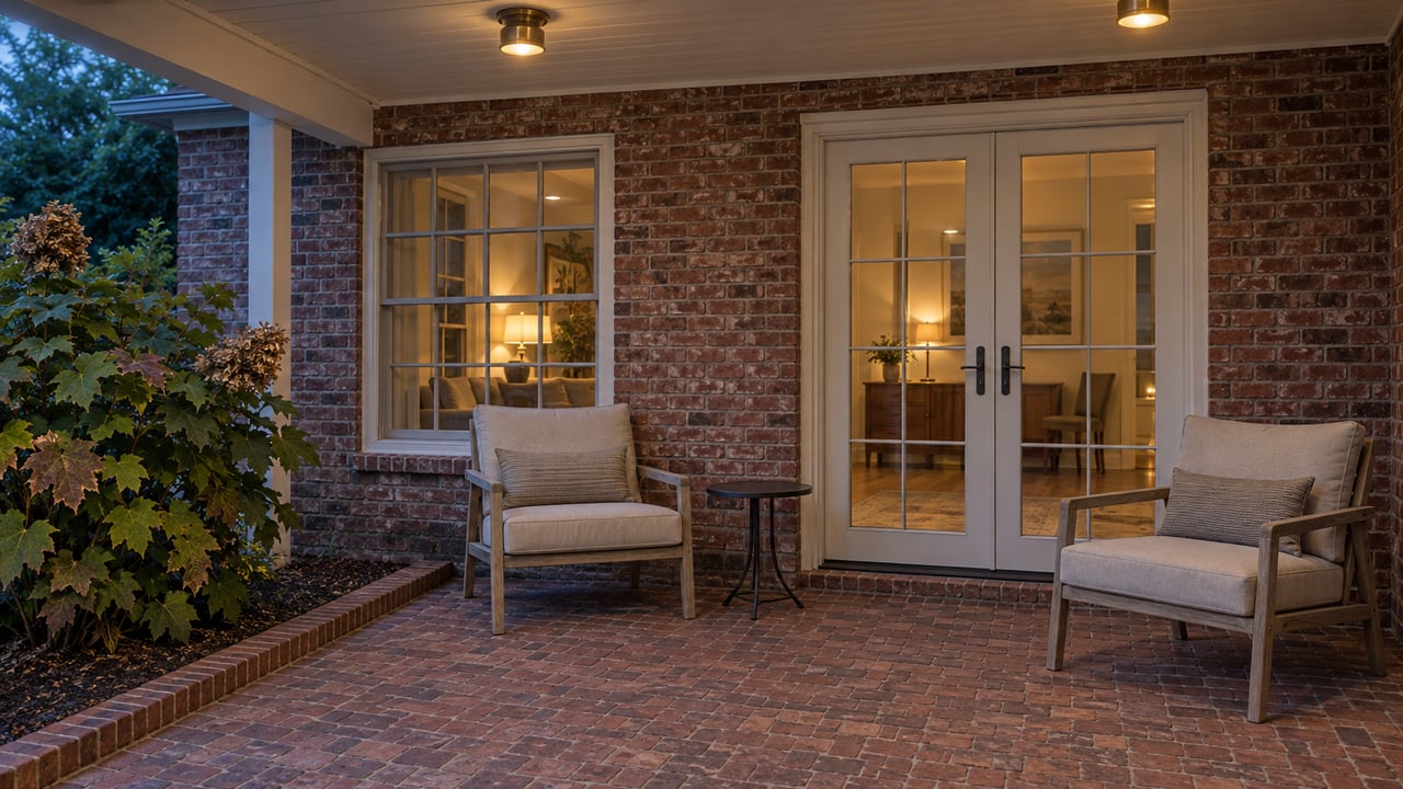 Brick home's covered patio at dusk with closed white-framed glass doors, two teak chairs and warm ceiling lights.
