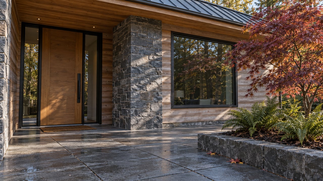 Cedar and basalt home entry with black-framed glazing, rain-darkened terrace pavers and an autumn Japanese maple in a raised stone planting bed.