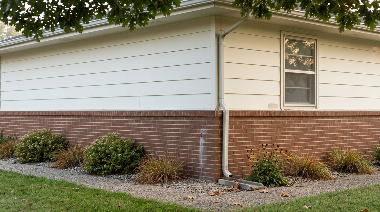 House corner with red-brown brick wainscot, warm-white siding, a gravel path, and coppering grasses beneath an oak canopy.