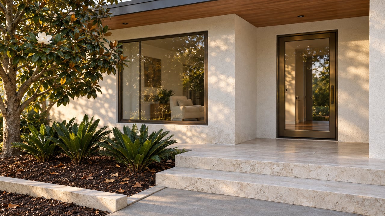 Sunlit pale-stucco home entry with bronze-framed glazing, limestone steps and a mature magnolia beside a planted garden bed.