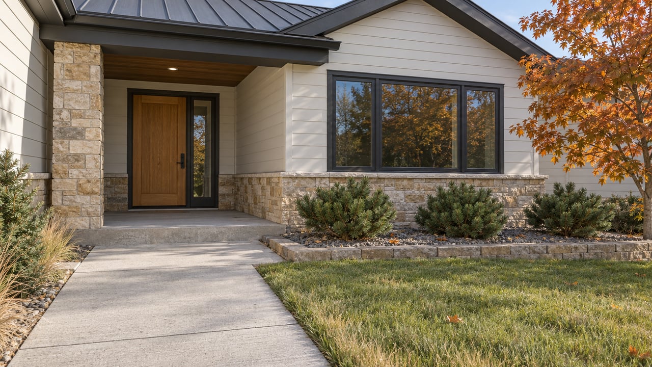 Autumn daylight on a light-sided home with a sandstone porch, dark-framed window and a bordered gravel planting bed.