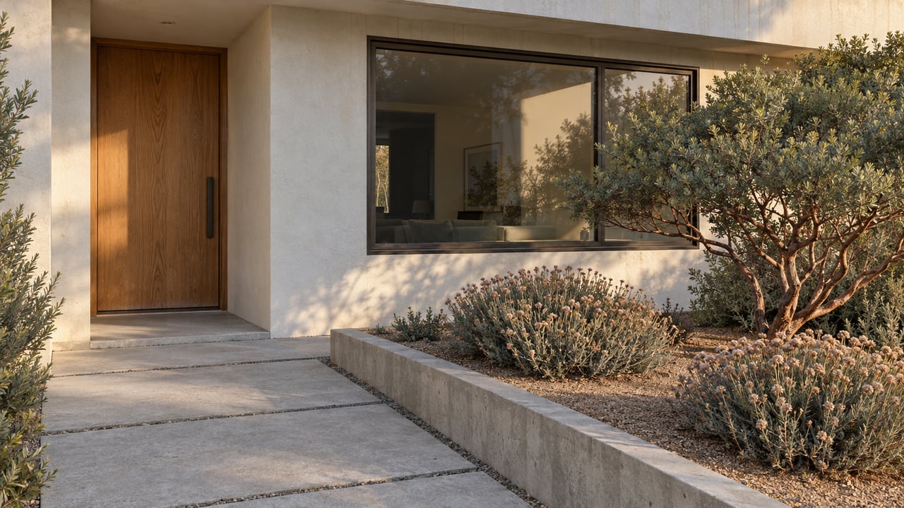 Oak entry door and bronze-framed window beside concrete stepping pads and a raised bed with sculptural shrubs.