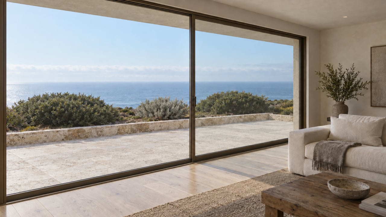 Sitting room with floor-to-ceiling glass overlooking the ocean and limestone terrace.