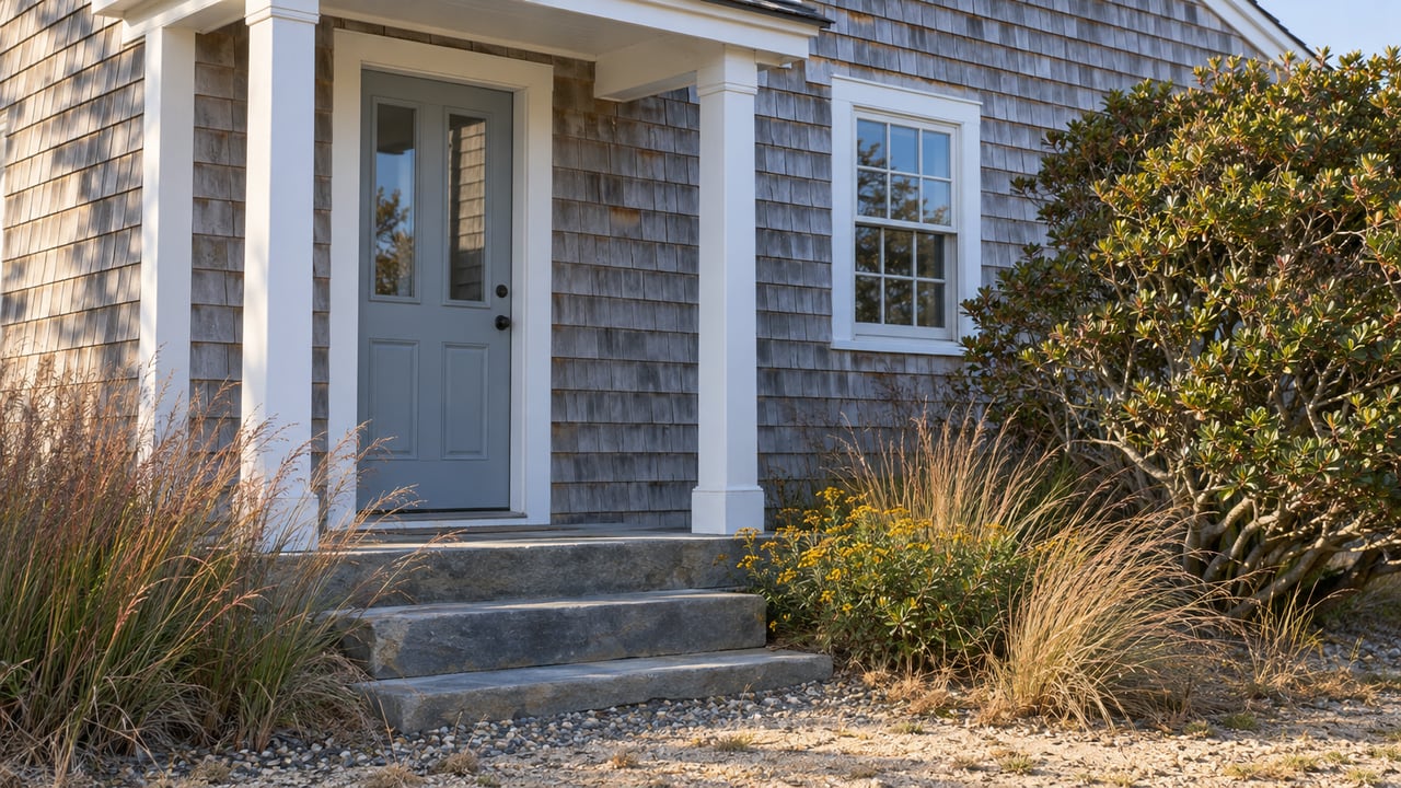 Weathered cedar-shingle cottage entry with a white porch roof, paneled glass door, bluestone steps, and coastal grasses.