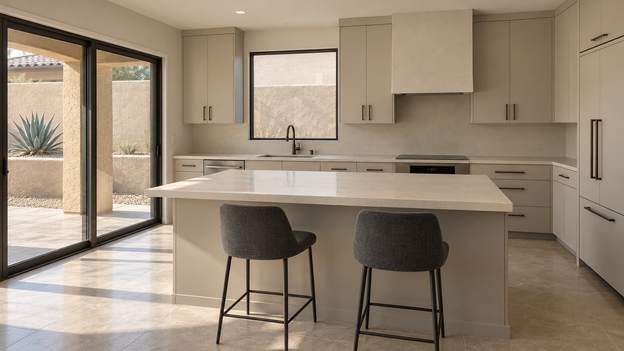 Sunlit neutral kitchen with a cream island, putty cabinetry and closed glass doors opening visually onto a covered stucco patio.