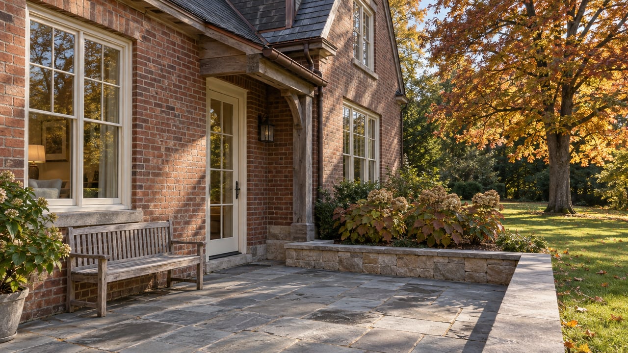 Brick home with ivory-framed windows and a closed glazed terrace door beside a bluestone patio, teak bench and copper-colored autumn foliage.