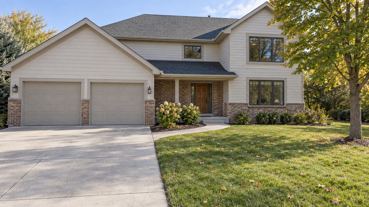Two-story lap-sided home with brick entry, paired garage doors and a deep lawn beneath a green-gold sugar maple.