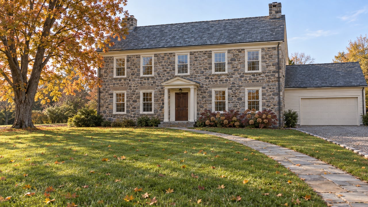 A stone-front home with ivory windows and a slate roof sits beyond a deep lawn, framed by a copper-leaved sugar maple.