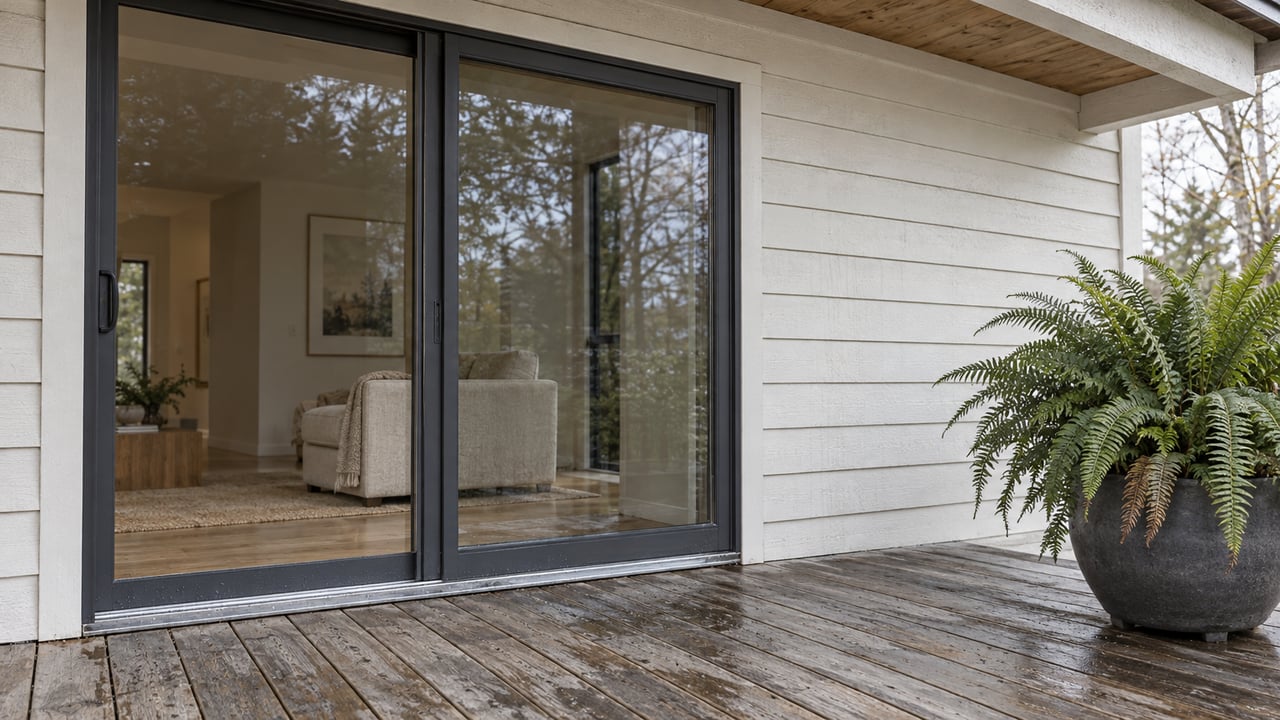 Silvered cedar deck beside a cottage’s closed sliding glass doors, with warm-white wood siding and a sword fern in a dark ceramic planter.