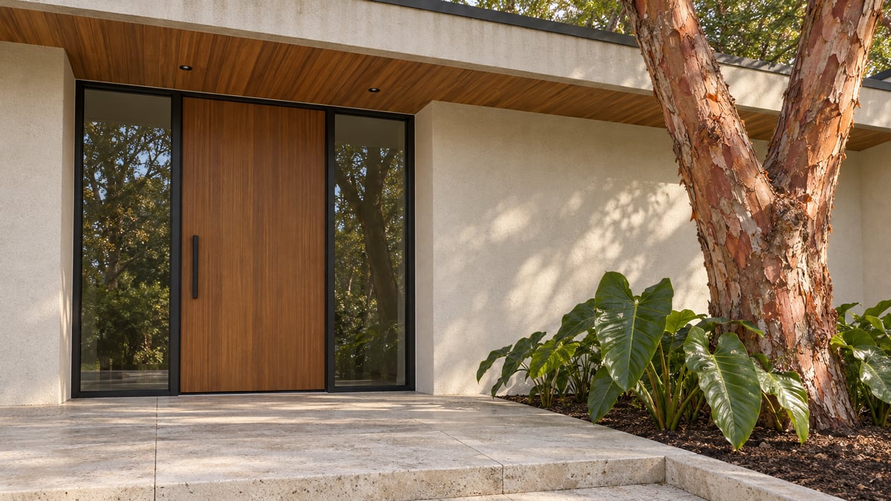 A recessed teak front door with paired glass sidelights, a limestone approach and a copper-barked tree beside a cream stucco home.