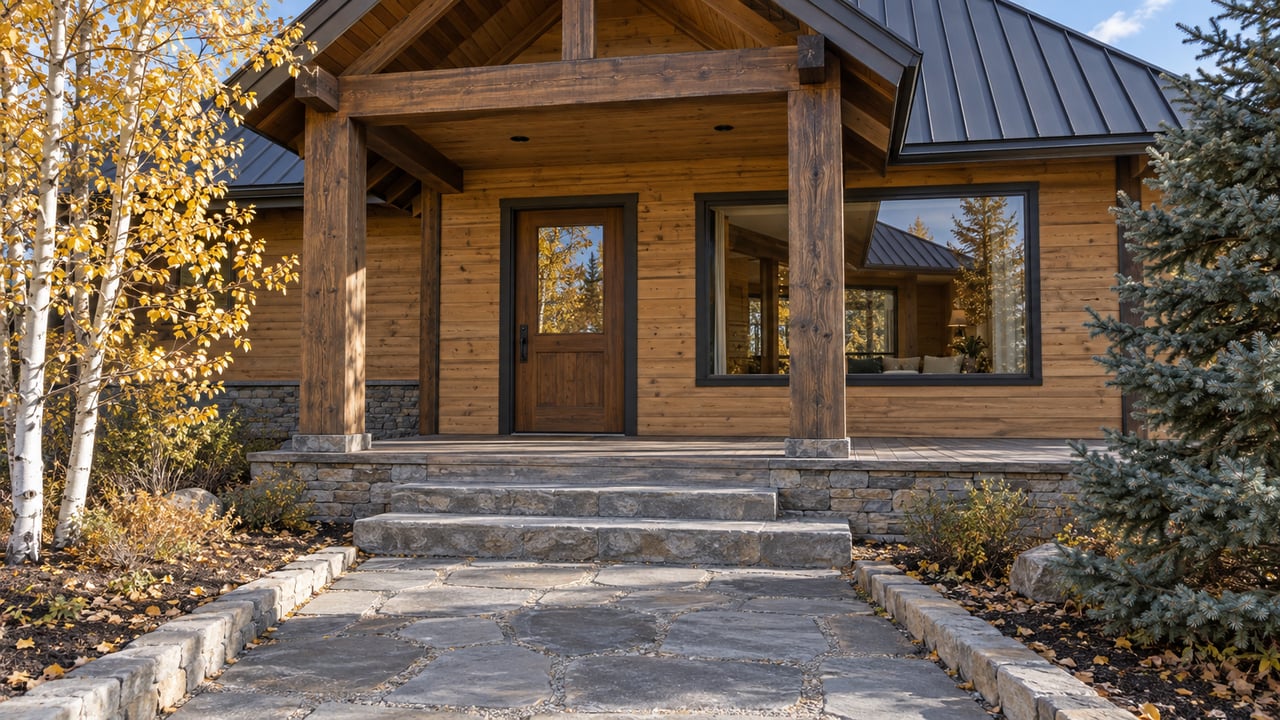 Timber-and-stone home with a covered porch, slate approach, and gold-leaved aspen in crisp autumn light.
