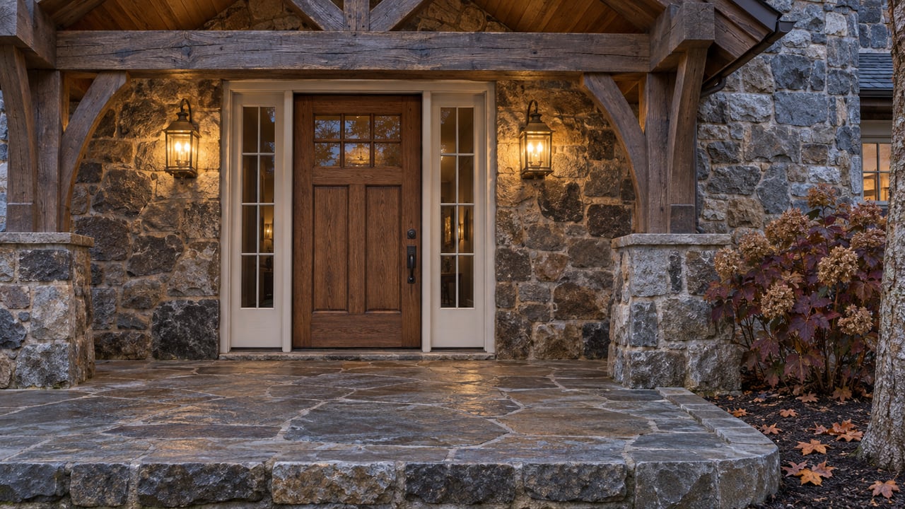 Blue-hour view of an oak entrance framed by fieldstone, timber porch beams and warm brass lanterns, beside burgundy oakleaf hydrangea.