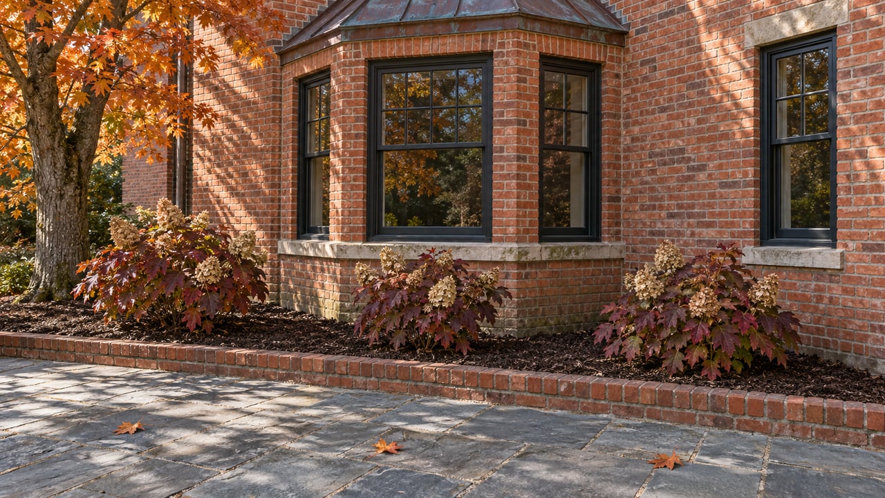 Autumn light on a brick home's three-sided window bay, with a stone terrace and oakleaf hydrangeas beneath a maple.