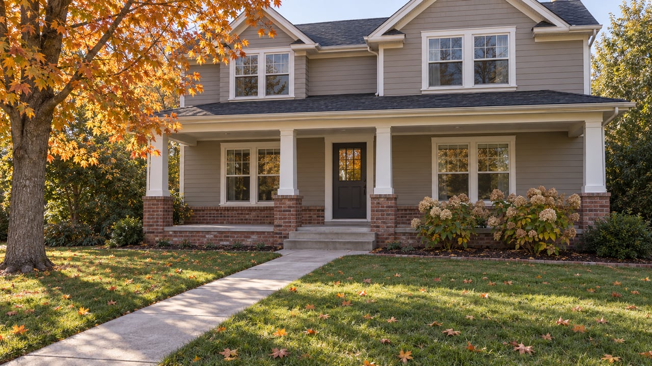 Autumn lawn and concrete walk leading to a gray-sided, brick-accented two-story home with a covered porch and amber sugar maple.