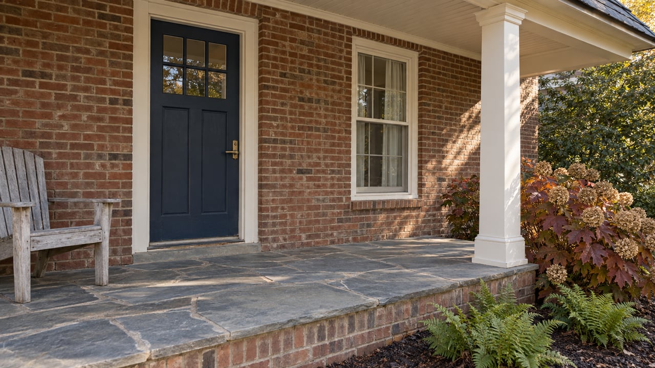 A brick home's covered porch in late afternoon light, with a navy entry door, ivory trim, gray-blue stone paving and autumn oakleaf hydrangea.