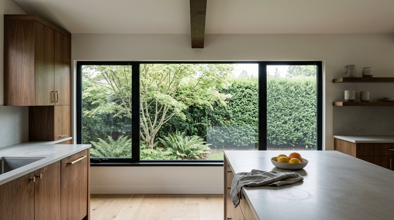 Kitchen island with citrus bowl and walnut cutting board, facing a black-framed window overlooking a vine maple and ferns.