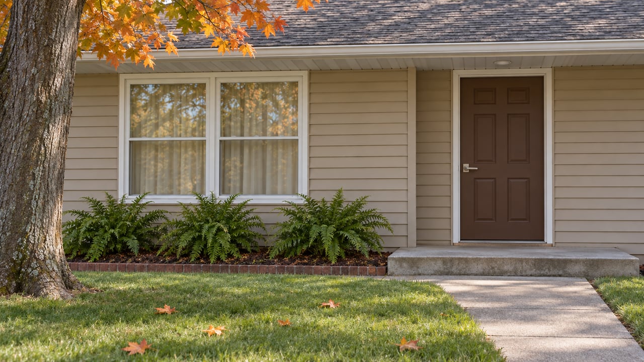 Tan-sided ranch entry with white-trimmed windows, a worn concrete approach and orange sugar maple leaves on the lawn.