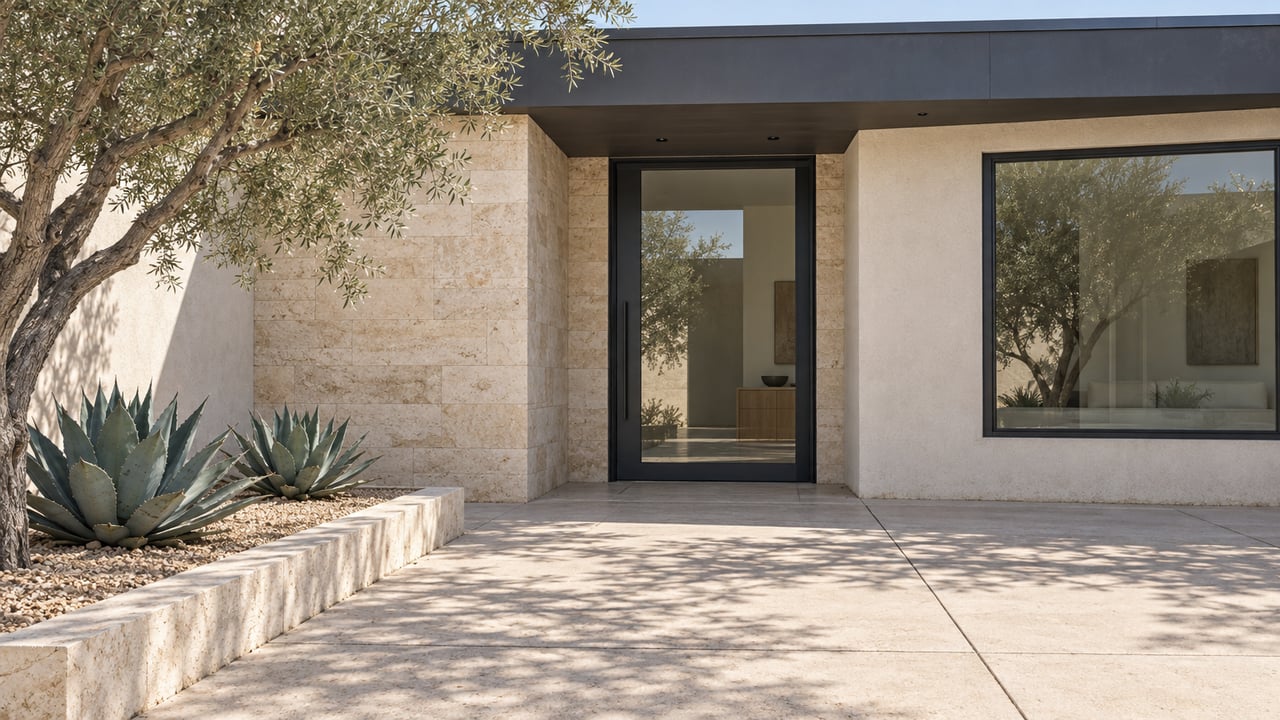 Sunlit limestone and pale stucco home entry with charcoal-framed glass, concrete paving, and a sculptural ironwood tree in a raised gravel bed.