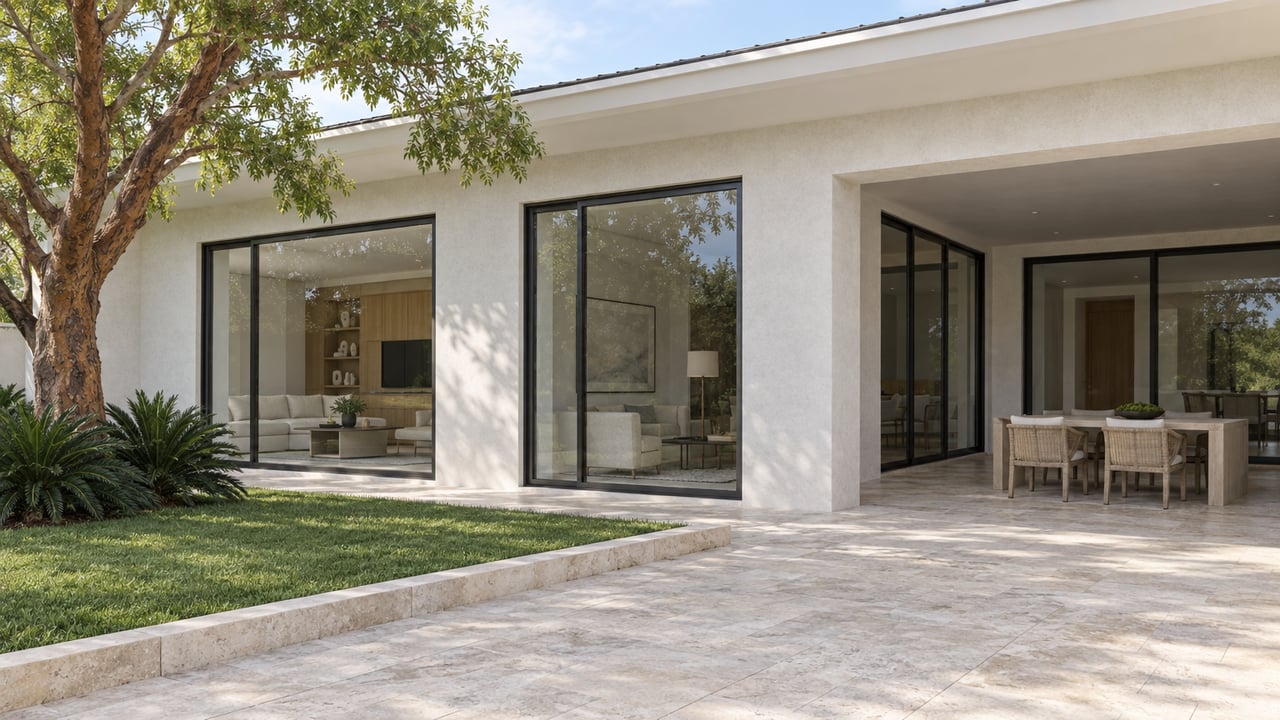 Warm-white stucco residence with glass doors, a covered lanai, and a mature tree beside pale stone paving.
