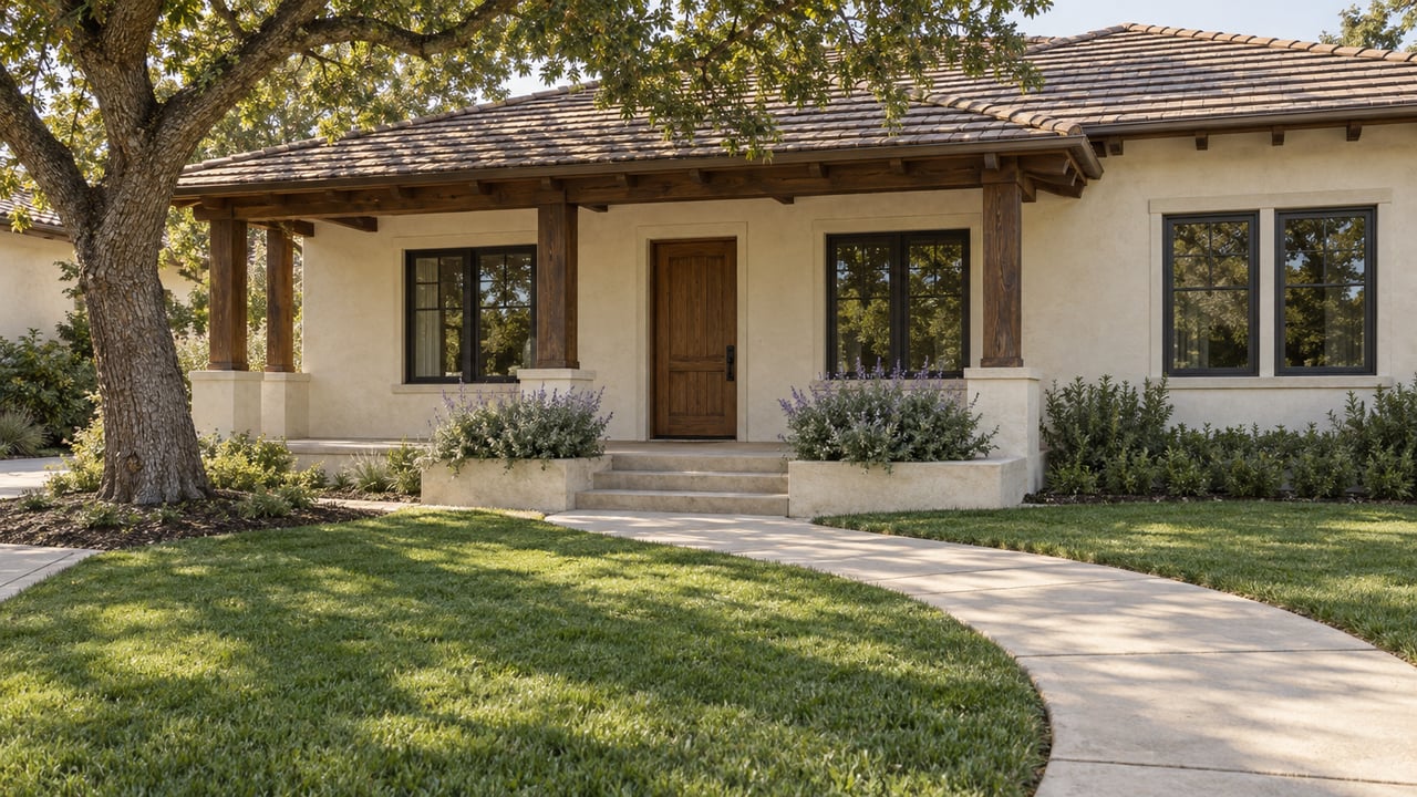 Warm stucco home with a timber porch, clay-toned roof, mature oak and a curved concrete walk across a deep front lawn.
