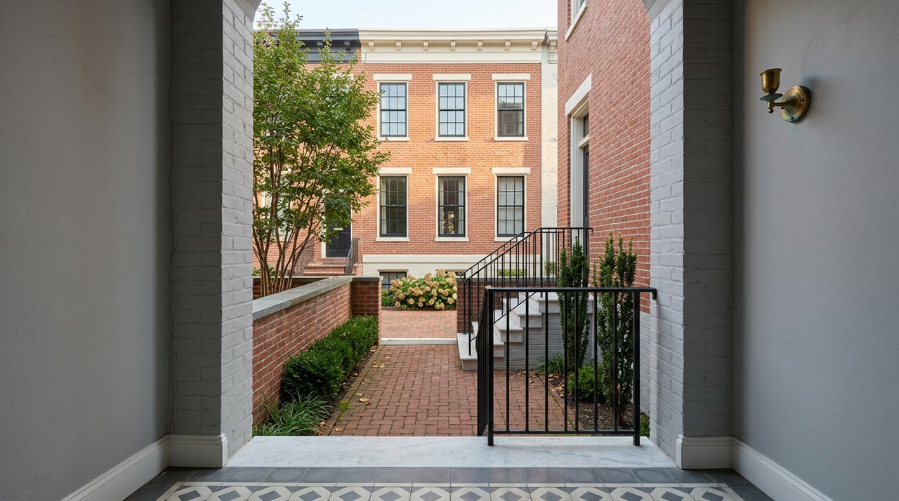 Brick rowhouse entry with a marble stoop and iron rail facing a brick dooryard and neighboring facade.