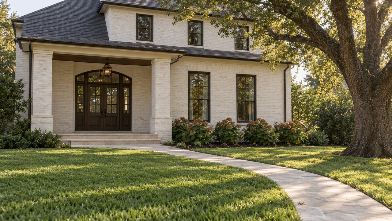 Ivory brick home with a covered limestone porch, glazed double entry doors and a deep lawn beneath a mature spreading oak.
