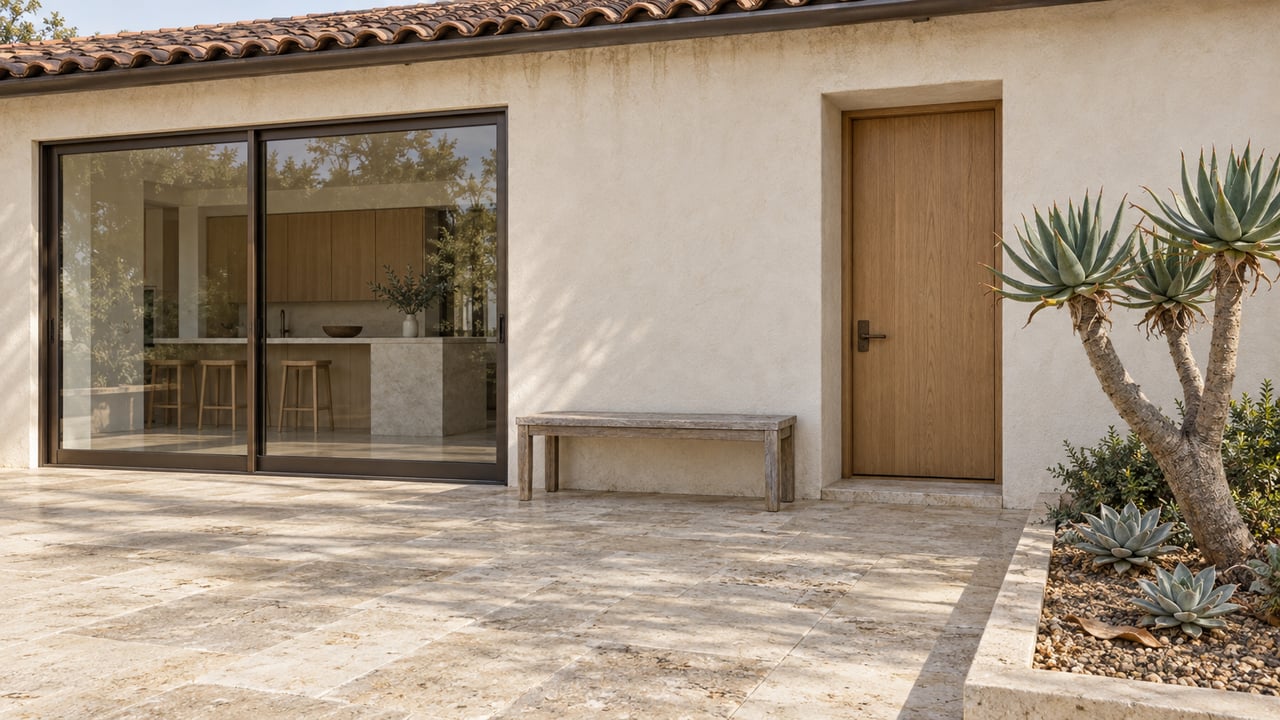 Warm ivory stucco home with terracotta roof tiles, bronze-framed glass doors and a limestone terrace beside sculptural succulents.