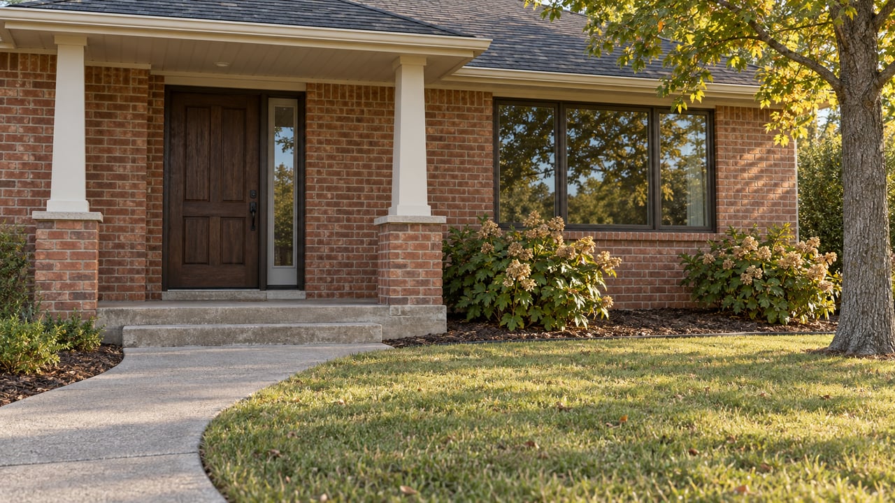 Brick home with a covered entry, concrete approach, oak tree and oakleaf hydrangeas in late-afternoon light.