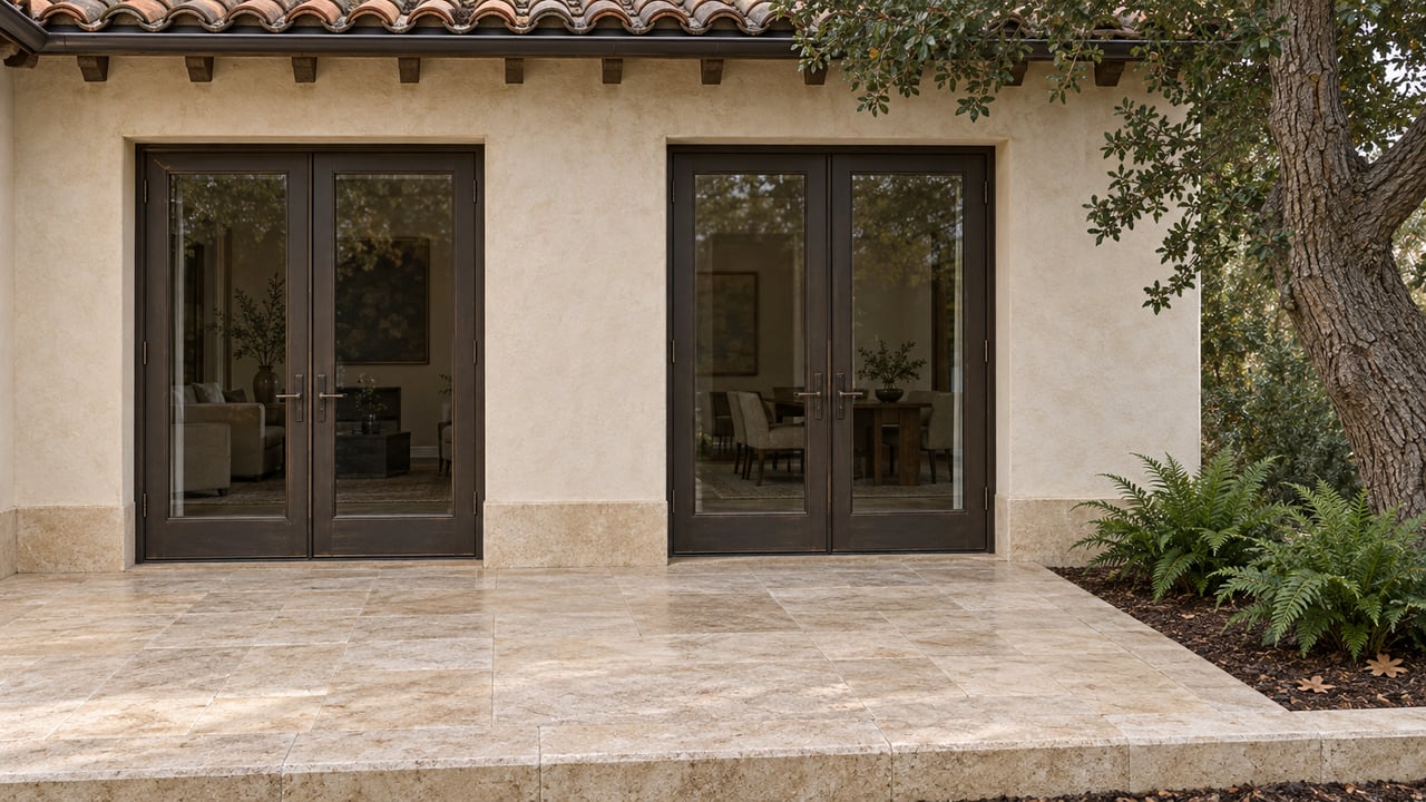 A limestone terrace fronts an ivory stucco home with closed bronze-framed French doors, clay roof tiles and a mature oak beside a planted bed.