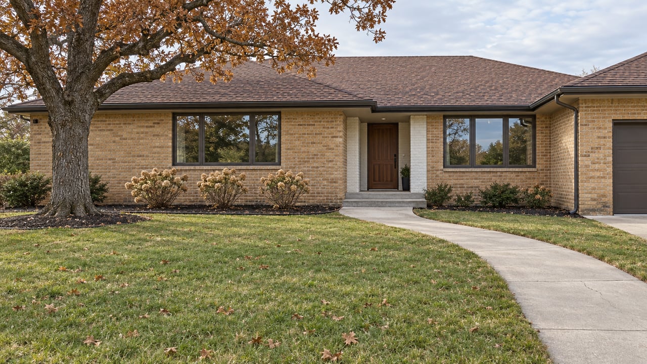 Buff-brick ranch with a broad front lawn, curved concrete walk and mature oak under soft autumn daylight.