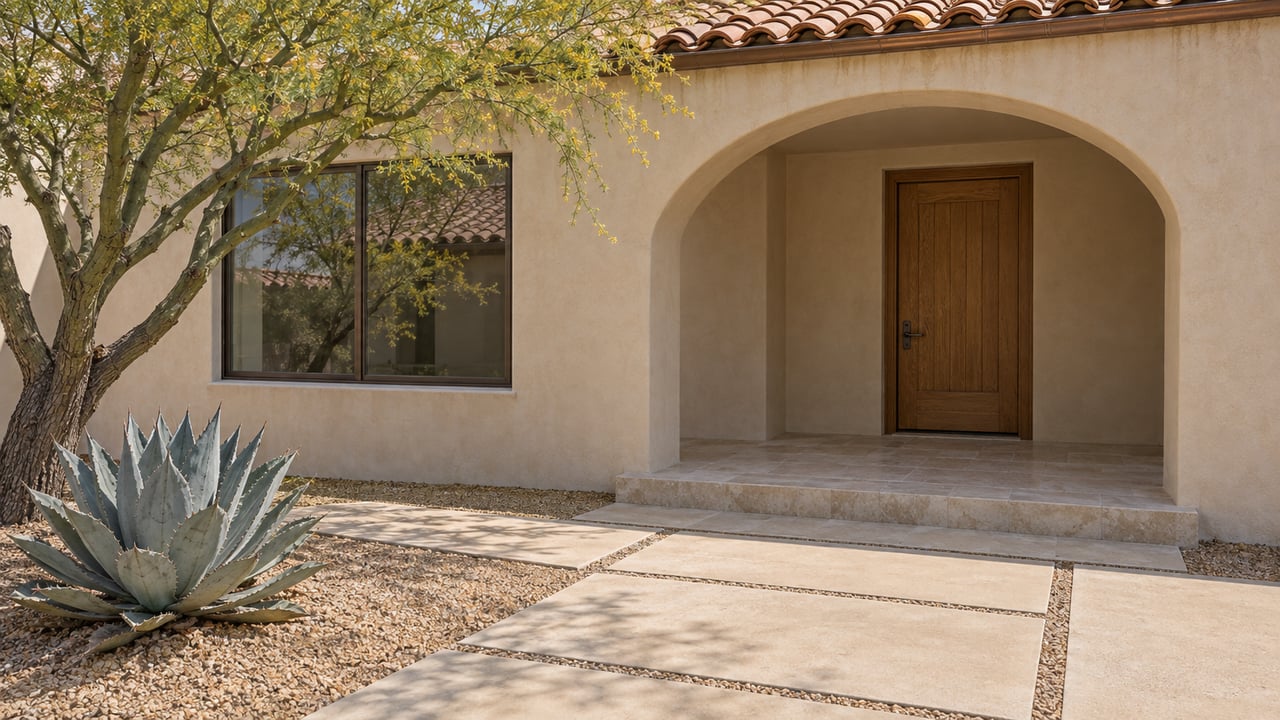 Cream stucco home with a terracotta roof, recessed arched entry, stone porch step, and a gravel garden with a blue palo verde and agave.
